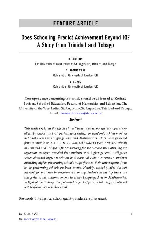 Does Schooling Predict Achievement Beyond IQ? A Study from Trinidad and Tobago