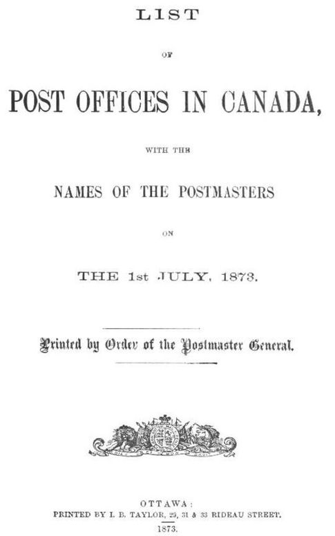 List of Post Offices in Canada 1873
