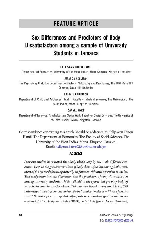 Sex Differences and Predictors of Body Dissatisfaction among a sample of University Students in Jamaica