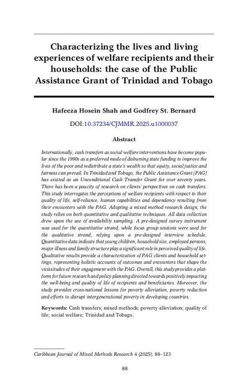 Characterizing the Lives and Living Experiences of Welfare Recipients and their Households: The Case of the Public Assistance Grant of Trinidad and Tobago