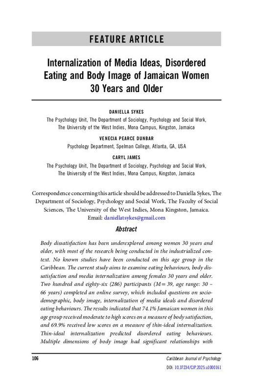 Internalization of Media Ideas, Disordered Eating and Body Image of Jamaican Women 30 Years and Older
