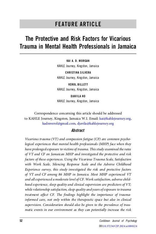 The Protective and Risk Factors for Vicarious Trauma in Mental Health Professionals in Jamaica