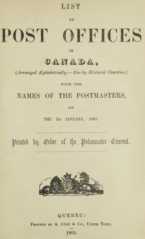 List of Post Offices in Canada 1865