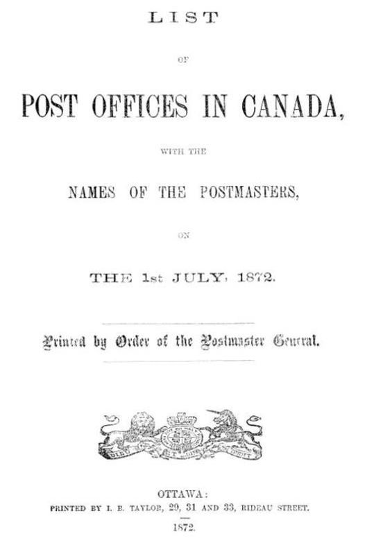 List of Post Offices in Canada 1872