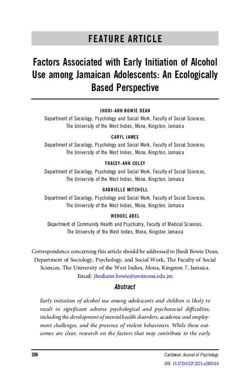 Factors Associated with Early Initiation of Alcohol Use among Jamaican Adolescents: An Ecologically Based Perspective