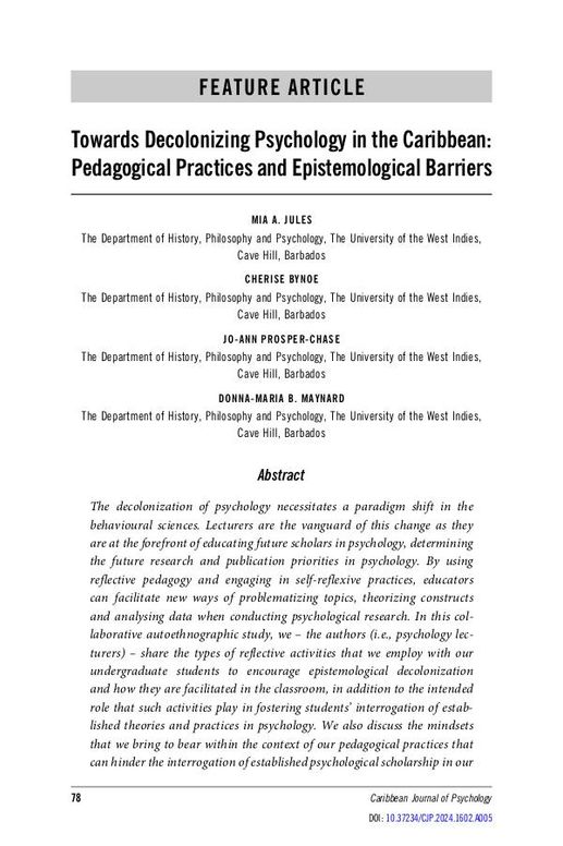 Towards Decolonizing Psychology in the Caribbean: Pedagogical Practices and Epistemological Barriers