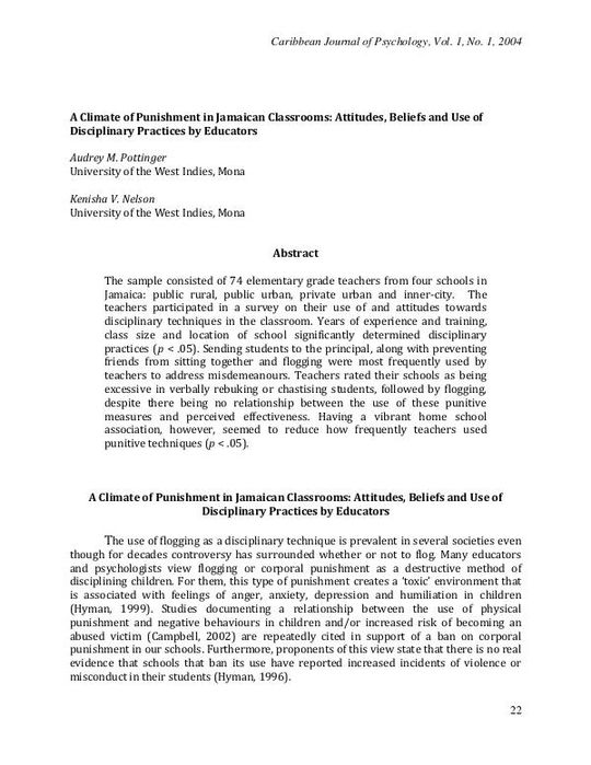 A Climate of Punishment in Jamaican Classrooms: Attitudes, Beliefs and Use of Disciplinary Practices by Educators
