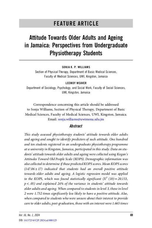 Attitude Towards Older Adults and Ageing in Jamaica: Perspectives from Undergraduate Physiotherapy Students