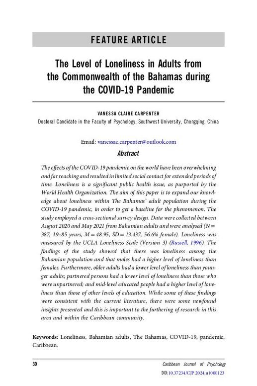 The Level of Loneliness in Adults from the Commonwealth of the Bahamas during the COVID-19 Pandemic