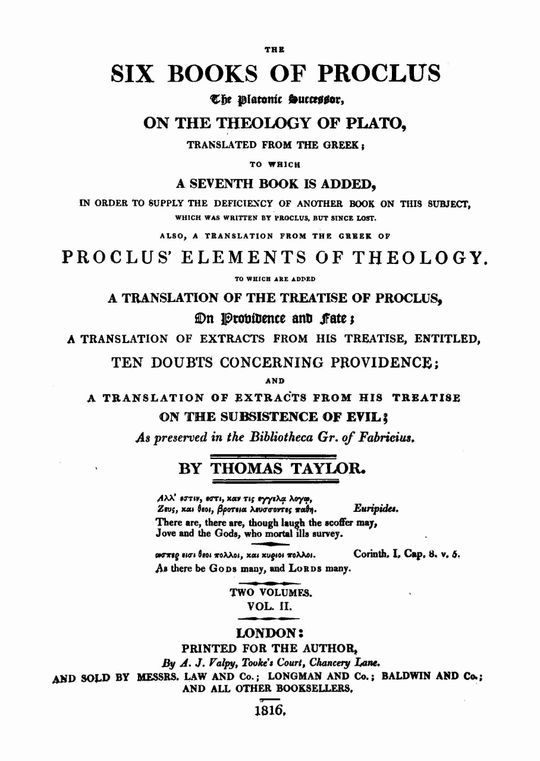 The six books of Proclus, the Platonic successor, on the theology of Plato (Vol. 2)