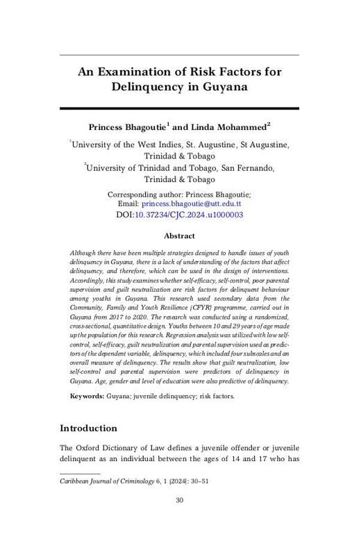 An Examination of Risk Factors for Delinquency in Guyana