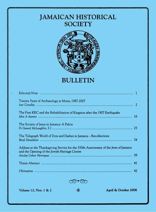 Jamaican Historical Society Bulletin, Vol. 12, Nos. 1 & 2
