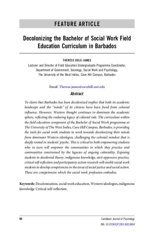 Decolonizing the Bachelor of Social Work Field Education Curriculum in Barbados