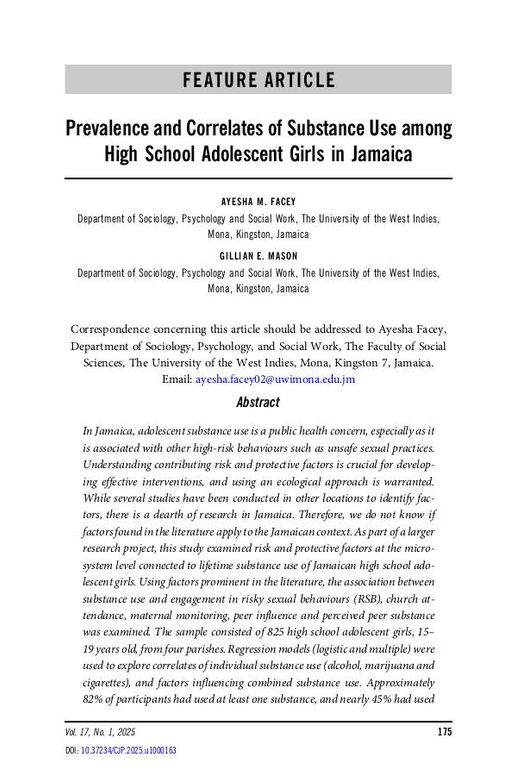 Prevalence and Correlates of Substance Use among High School Adolescent Girls in Jamaica