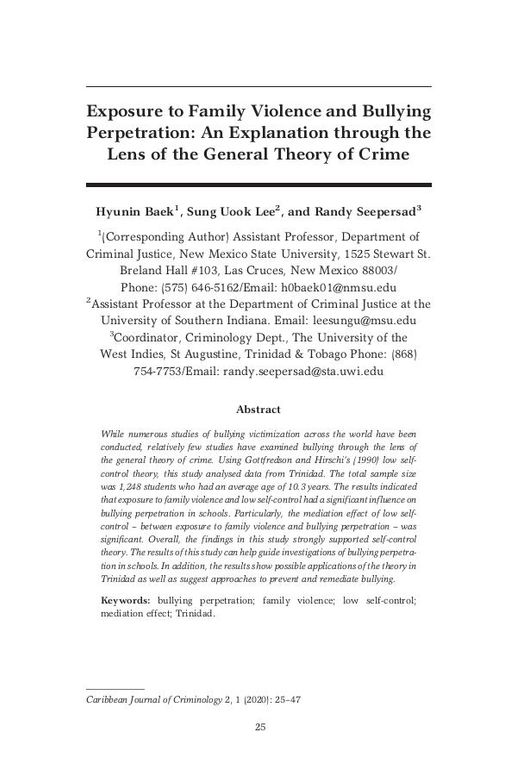 Exposure to Family Violence and Bullying Perpetration: An Explanation through the Lens of the General Theory of Crime
