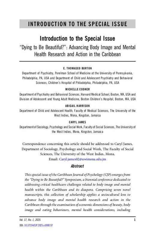 “Dying to Be Beautiful?”: Advancing Body Image and Mental Health Research and Action in the Caribbean