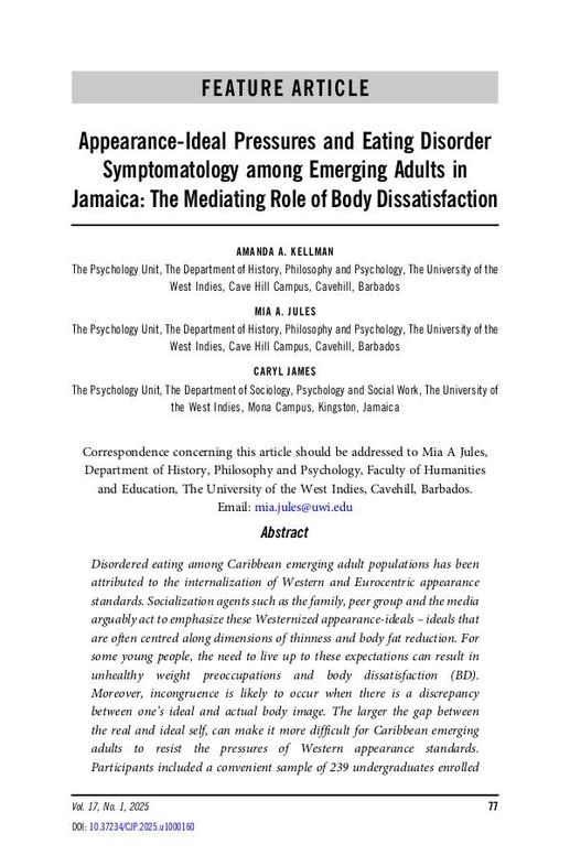 Appearance-Ideal Pressures and Eating Disorder Symptomatology among Emerging Adults in Jamaica: The Mediating Role of Body Dissatisfaction