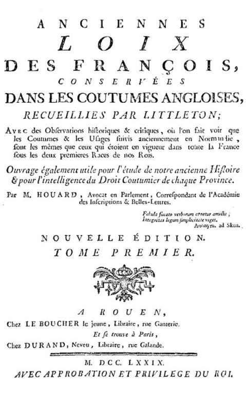 Anciennes loix des François, conservées dans les coutumes angloises, recueillies par Littleton — Vol I