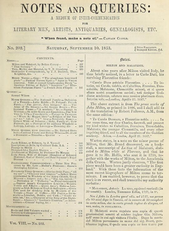 Notes and Queries, Number 202, September 10, 1853 _ A Medium of Inter-communication for Literary Men, Artists, Antiquaries, Geneologists, etc