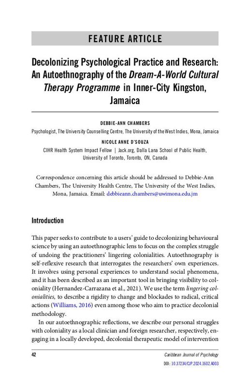 Decolonizing Psychological Practice and Research: An Autoethnography of the Dream-A-World Cultural Therapy Programme in Inner-City Kingston, Jamaica
