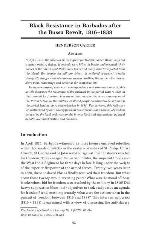 Black Resistance in Barbados after the Bussa Revolt, 1816–1838