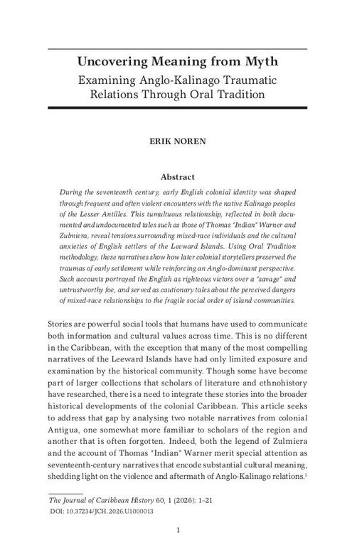 Uncovering Meaning from Myth: Examining Anglo-Kalinago Traumatic Relations Through Oral Tradition