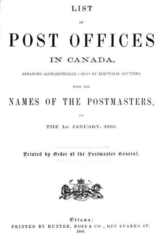 List of Post Offices in Canada 1866