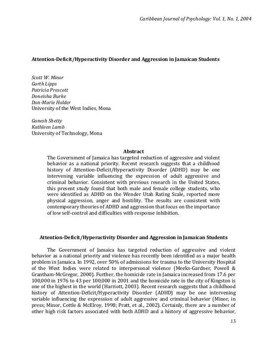 Attention-Deficit/Hyperactivity Disorder and Aggression in Jamaican Students