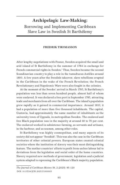 Archipelagic Law-Making: Borrowing and Implementing Caribbean Slave Law in Swedish St Barthélemy