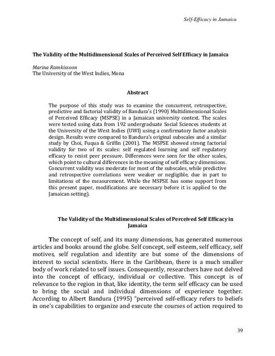 The Validity of the Multidimensional Scales of Perceived Self Efficacy in Jamaica