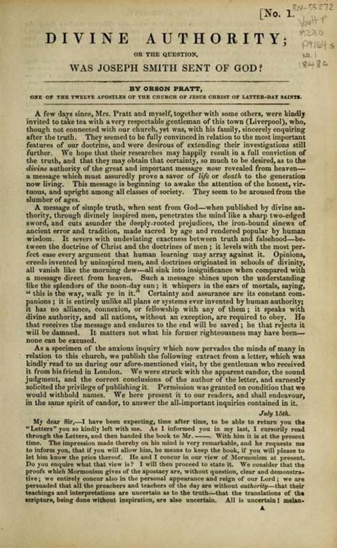Divine Authority Or the Question: Was Joseph Smith Sent of God?